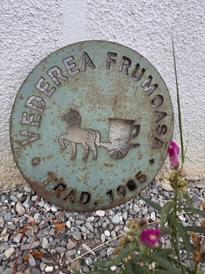 Însemn rotund de metal cu inscripția „Vederea Frumoasă, trad. 1905”, un cal și o ceașcă